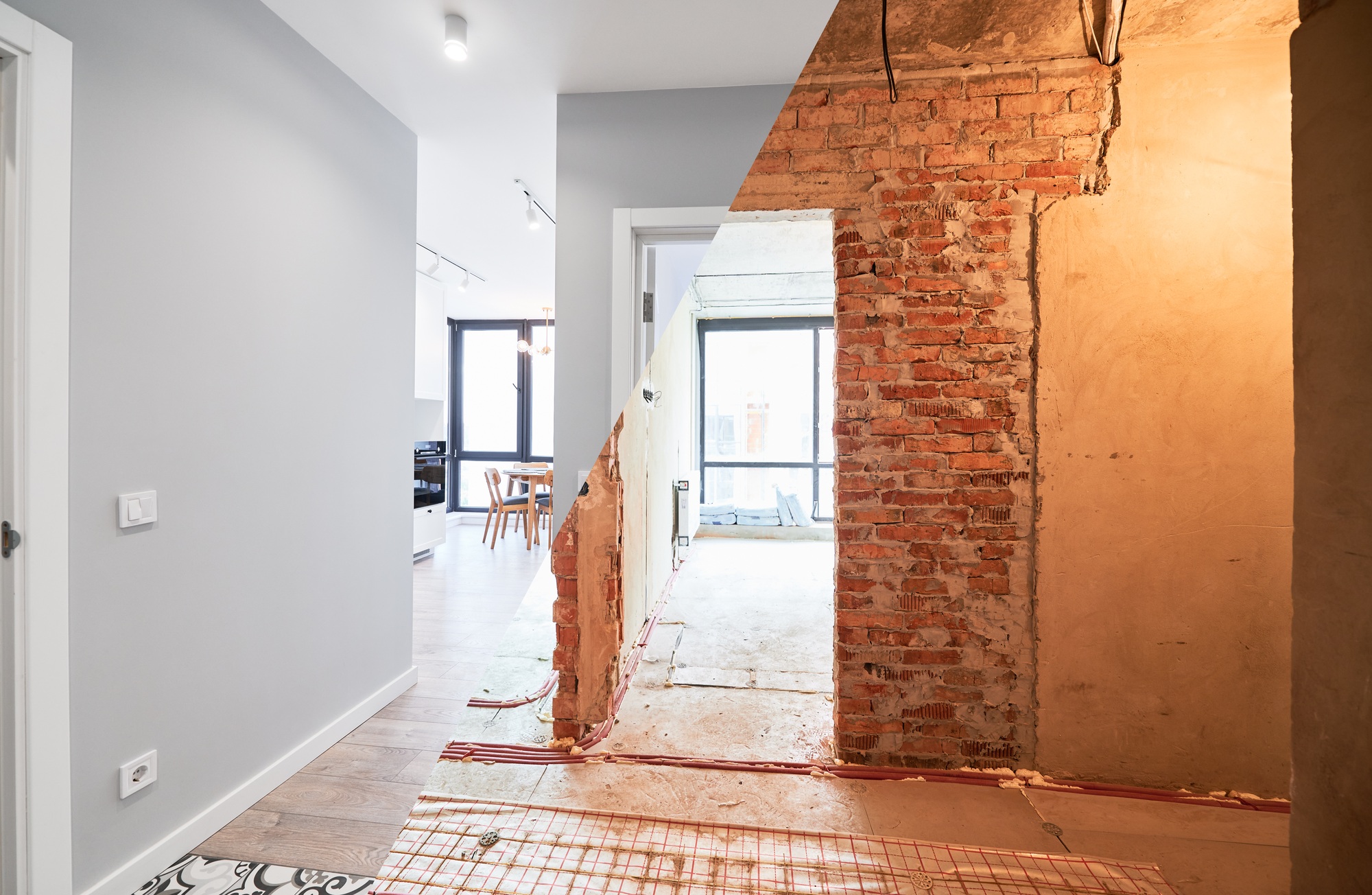 Apartment with heated floor before and after renovation.